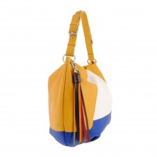 BOLSO DE PIEL TRICOLOR CON BORLA